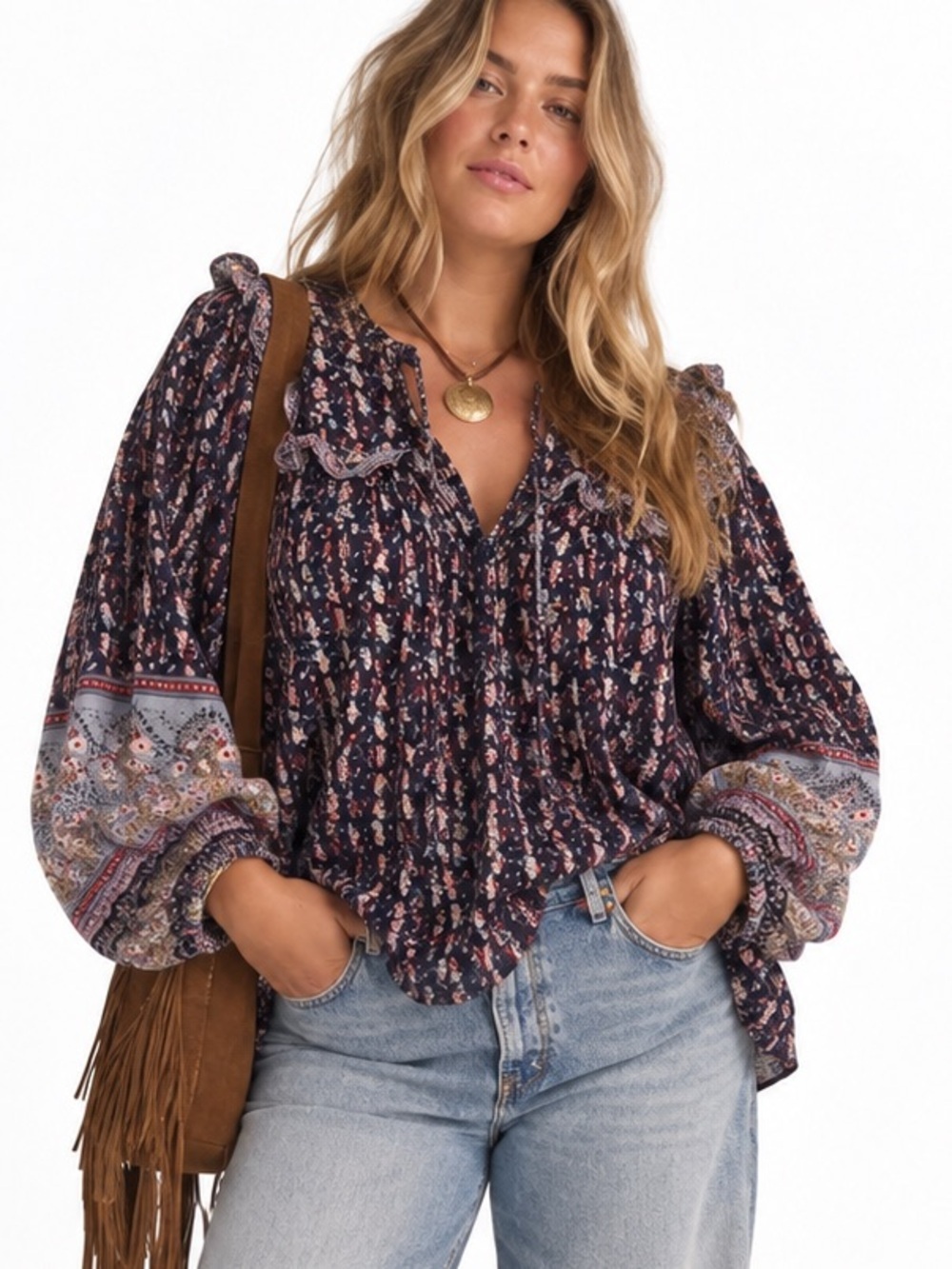 Joie Prairie Blouse Boho Peasant Ruffle Cotton Floral Cottagecore Puff button